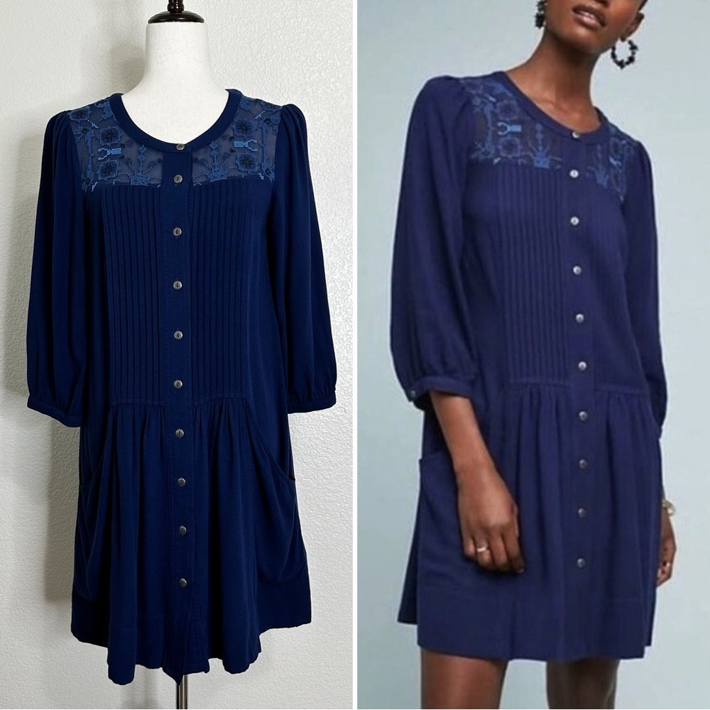 Anthropologie Dubois Embroidered Blue 3/4 Sleeves Tunic Dress, Size 2
